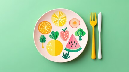 A colorful plate features stylized fruits and vegetables, including watermelon, strawberries, and broccoli, against a mint-green background.