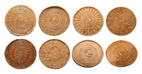 Various Circular Woven Baskets with Unique Patterns and Textures, PNG bundle collection, Isolated on Transparent Background
