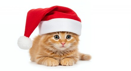 Ginger Kitten Wearing a Red Santa Hat Isolated on a White Background with Playful Expression Cute Adorable and Ready for Christmas Holiday Season Studio Shot