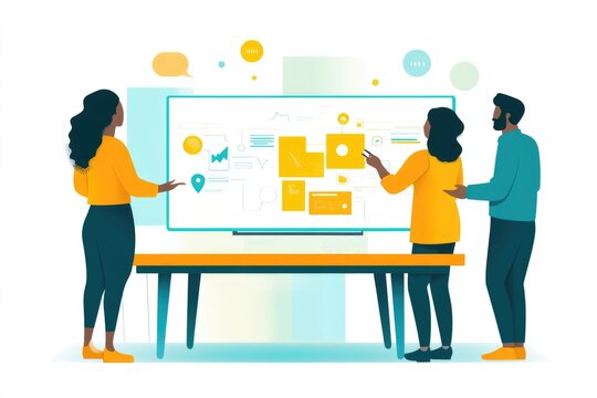 A diverse team collaborates on a large interactive screen displaying charts, graphs, and data visualizations for project planning and analysis.