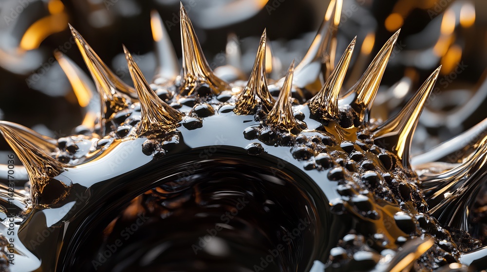 Poster abstract dark liquid with golden spikes 3d render artistic visual up metal shiny macro close image