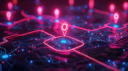 Digital Navigation Map: A vibrant, futuristic map, adorned with glowing location markers and intricate digital pathways, signifying exploration and discovery in a technological era.