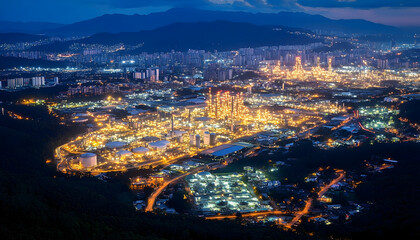 Obraz premium Aerial view of a bustling industrial city at night, illuminated by bright lights and surrounded by mountains