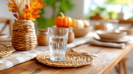 Fototapeta premium A beautifully set dining table featuring a glass of water, decorative pumpkins, and autumn leaves, creating a warm, inviting atmosphere.