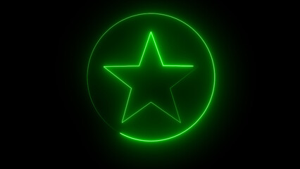 Green neon star in a circle glowing on a black background