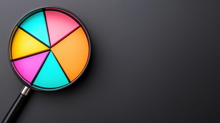 Fototapeta premium Colorful Segmented Pie Chart Under a Magnifying Glass on Dark Background for Data Visualization and Analysis