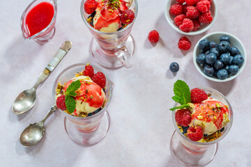 Knickerbocker glory - layered ice cream sundae with fresh fruit