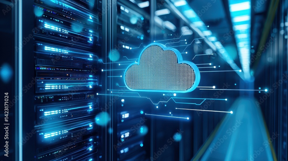 Poster futuristic data center showcasing cloud technology with glowing servers and digital graphics.