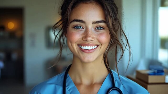 Young female healthcare professional smiles brightly, showcasing her genuine happiness and dedication in a warm and inviting setting