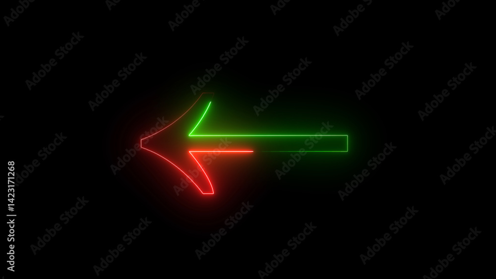 Poster neon arrow pointing left with green and red glowing lines on black background