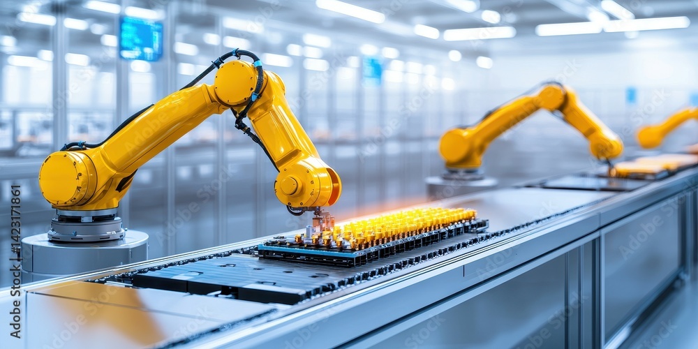 Poster industrial robot arm assembling components in a modern factory setting.