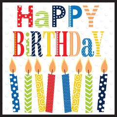 Birthday card with colorful text and candles