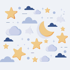 whimsical pattern featuring stars, clouds, and crescent moon, perfect for dreamy atmosphere. Isolate white background, commercial use