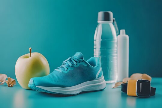 Wellness Essentials: A composition of active lifestyle essentials, including a running shoe, hydration, nourishment and a fitness tracker set against a serene backdrop.