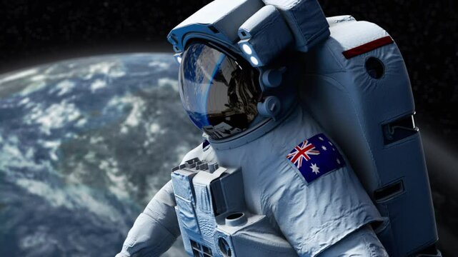 Australian Astronaut with arm patch flag floating through space. Space program. Spaceman. Earth in background. The country showing national pride. 