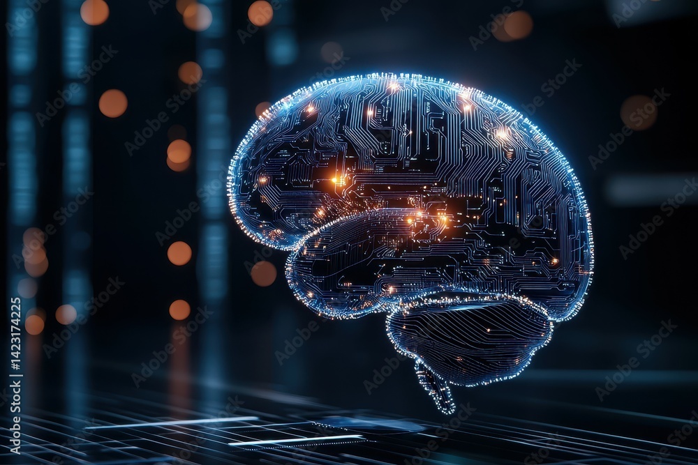 Poster futuristic digital brain showcasing neural connections and circuitry.