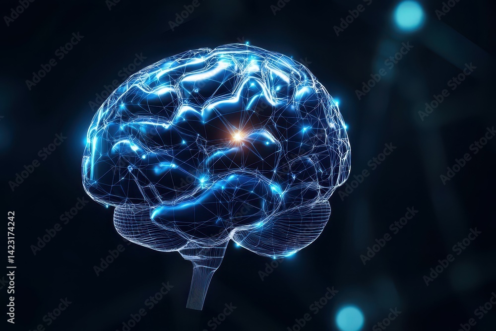 Poster futuristic digital brain illustration representing advanced technology and neural networks.