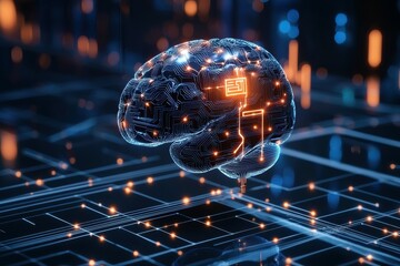 Futuristic digital brain with circuit patterns glowing in blue and orange hues.