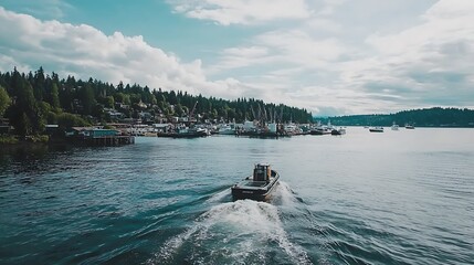 Vessel navigating calm waters near a forested coastline on a partly cloudy day