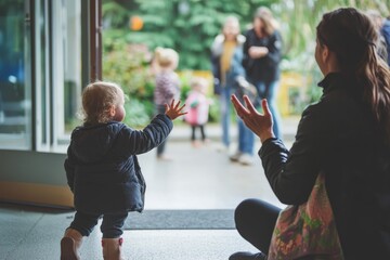 A busy drop-off area with parents saying goodbye. A toddler waves to a parent while a teacher kneels beside them. The mood is tender and strong 