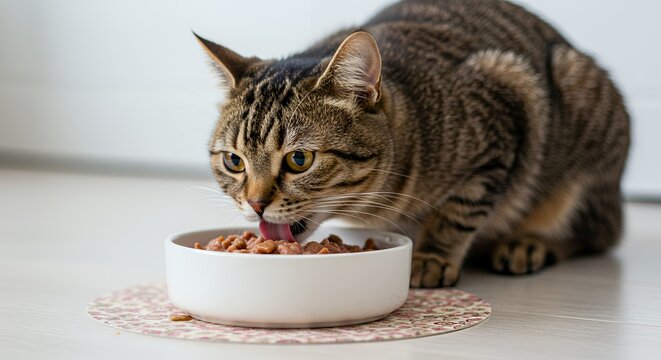 Brown Tabby Cat Enjoying Wet Food from White Dish on Patterned Mat Against White Background