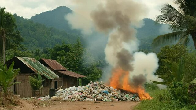 Rural village burning plastic waste, mountains background, pollution