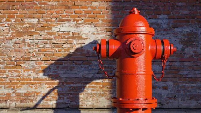 Bright red fire hydrant standing against textured brick wall on concrete surface