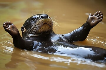 Fototapeta premium Playful Otter Floating on Its Back in a River