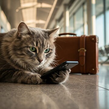 cat checking smartphone at an airport with his luggage near a window