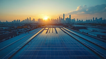 Obraz premium Aerial view of solar panels reflecting sunset over a city skyline, showcasing sustainable energy