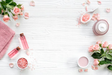 Skin care cosmetic products with roses essential oil. Beauty routine concept
