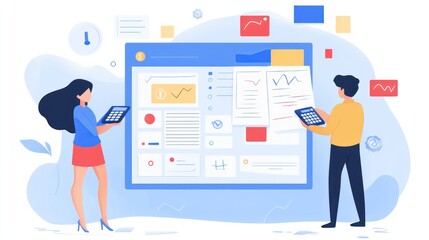 Two colleagues collaborating on a digital dashboard