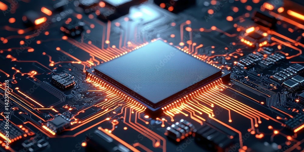 Poster abstract close-up of a microprocessor circuit board with glowing orange pathways.