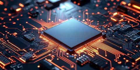 Obraz premium Abstract close-up of a microprocessor circuit board with glowing orange pathways.