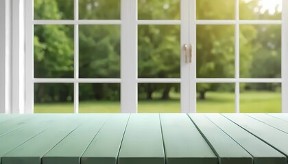 Empty Wooden table top with blur background window during summertime