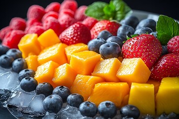Assorted Fresh Berries and Mango Cubes with Ice Crystals on Dark Background Close Up