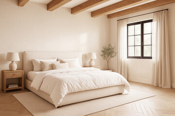 Fototapeta premium modern farmhouse bedroom with soft linen bed and warm light