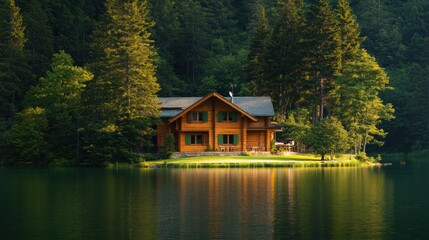Obraz premium A wooden lakeside cabin nestled amongst a beautiful lush forest
