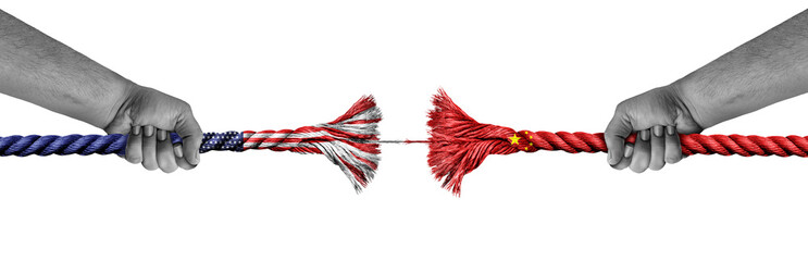 China US Diplomatic Crisis concept as a Broken Rope representing decoupling as a metaphor for economic trade war and political relationship between Beijing and Washington due to Tariffs