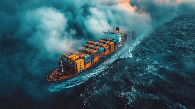 A vibrant, aerial illustration showcases a cargo ship, its deck a kaleidoscope of multicoloured containers, against a backdrop of a vast, turbulent dark blue sea under a brooding cloudy sky 