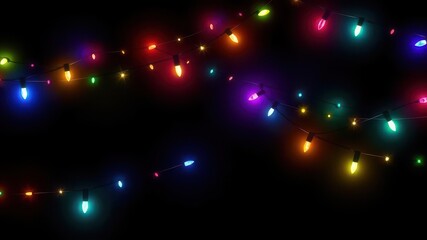 Colorful retro holiday Christmas string lights border on dark background, New Year, colorful