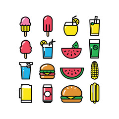 a collection of 10 summer food and drinks vector icons in solid colors