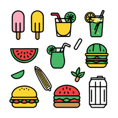 Set of 10 summer food and drinks vector icons in solid colors