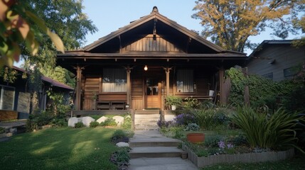 Naklejka premium A lovely wooden house sitting amongst greenery and trees