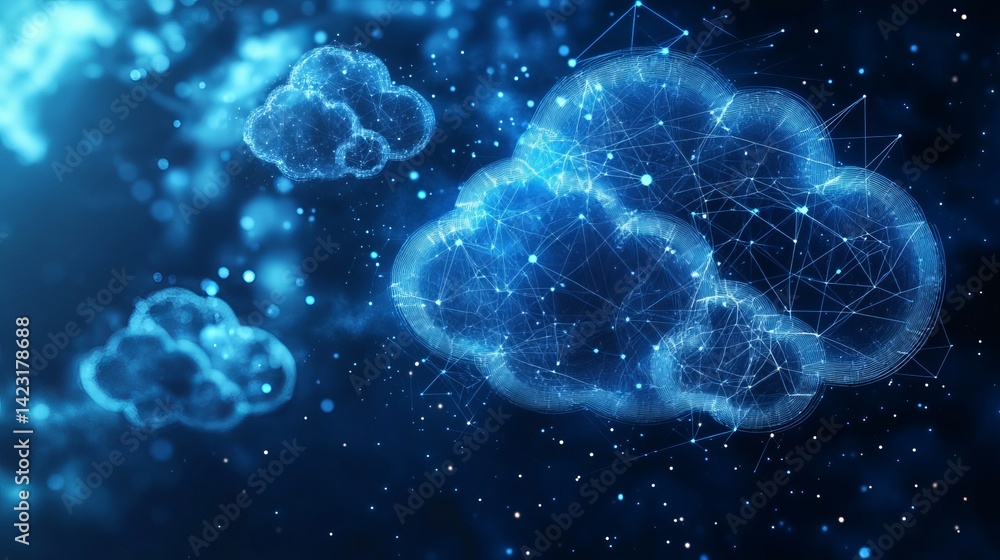 Poster abstract blue cloud network digital technology data concept web dark cyber nodes lines space server
