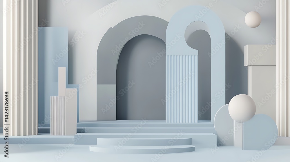 Poster abstract architectural scene with geometric forms and columns