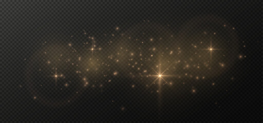 Dust golden sparks and gold stars shine with special light. Vector sparkles on a transparent background. Christmas abstract pattern. Sparkling magical dust particles.