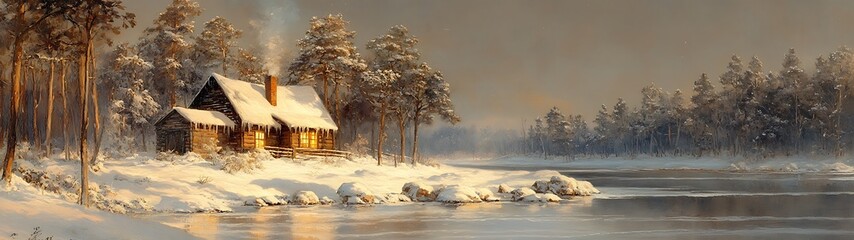 Winter Cabin Lakeside Scene