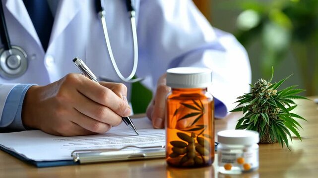 Doctor discussing medical treatment options with a patient while writing on a prescription pad and examining cannabis