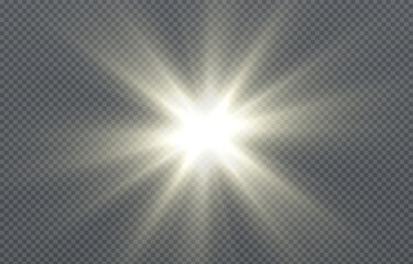 Fototapeta premium Vector light on isolated transparent background. Sun, rays of light png. Magic glow, golden light png.